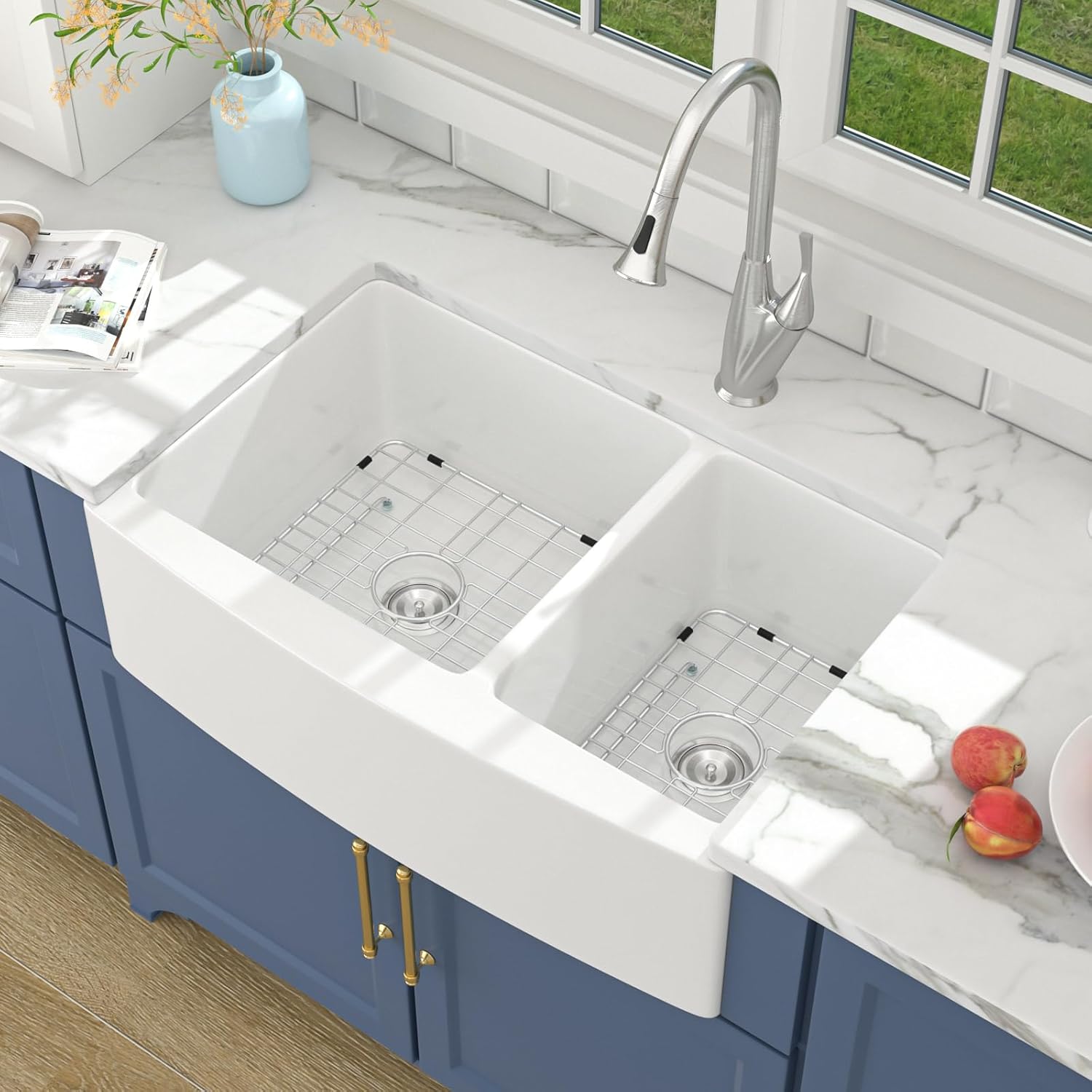 Lordear White Double Bowl Sink 33 inch Farmhouse Kitchen Sink Apron Front White Fireclay Double Bowl 60/40 Curved 33"x21" Apron Farm Style Sink
