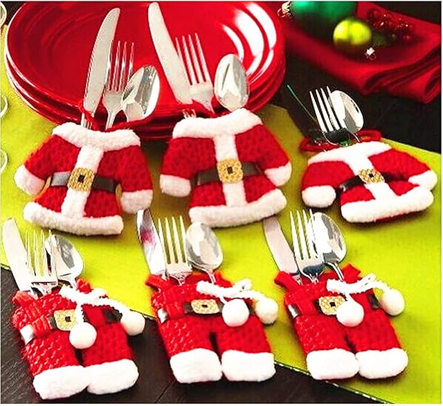 Table Decorations 2pcs Christmas Cutlery Holders Pockets Knifes Forks Red Bag Santa Suit Xmas Party Dinner Table Decoration Novelty Decorations (Red)