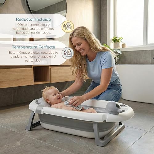 Buddy Baby - Vasca pieghevole BebéSplash con temperatura - Da 0 mesi - Cuscino riduttore rimovibile - Base antiscivolo - Tappo di scarico - Design compatto e portatile - Annaffiatoio balena - 2