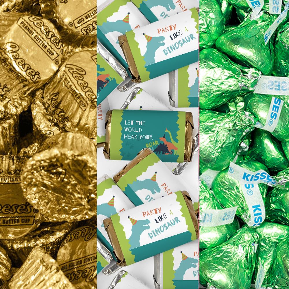 200pcs Personalized Dinosaur Birthday Party Favors Chocolate Candy Kit, Candy Buffet Supplies (Custom Wrapped Miniatures, Kisses, Peanut Butter Cups) - Boy
