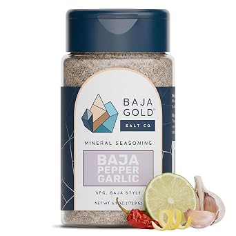 Baja Gold Garlic Pepper Seasoning, Salt Pepper Garlic Seasoning With Mineral Sea Salt, Organic All Purpose Blend For Steak Chicken Seafood Vegetables And Eggs, Non MSG, Vegan, 6.1Oz