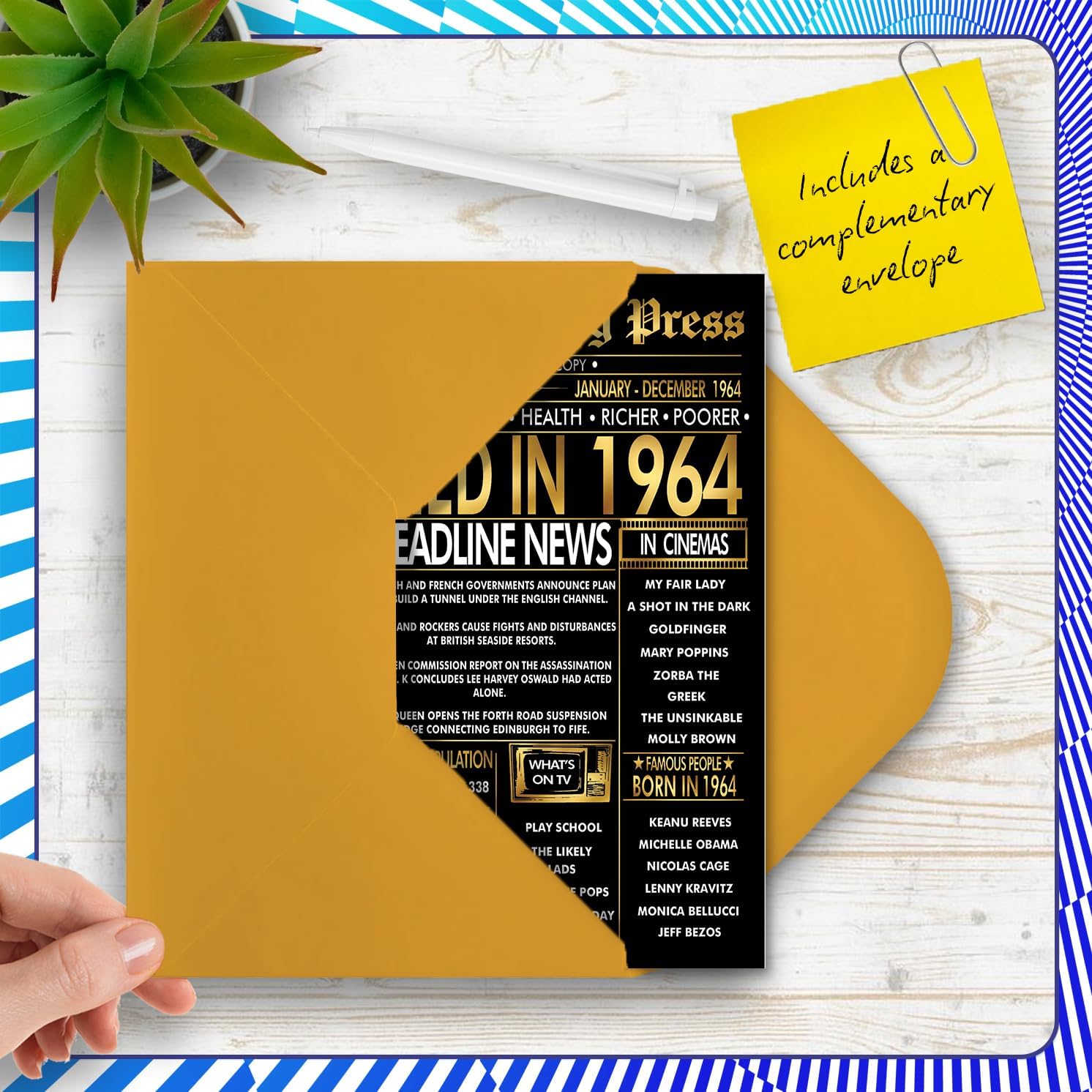 Stuff4 Gold 62nd Anniversary Card for Women Men - Golden Newspaper Married in 1964-62 Year Wedding Anniversary Card for Partner Wife Companion Husband, 5x7 Inch Anniversaries Greeting Cards