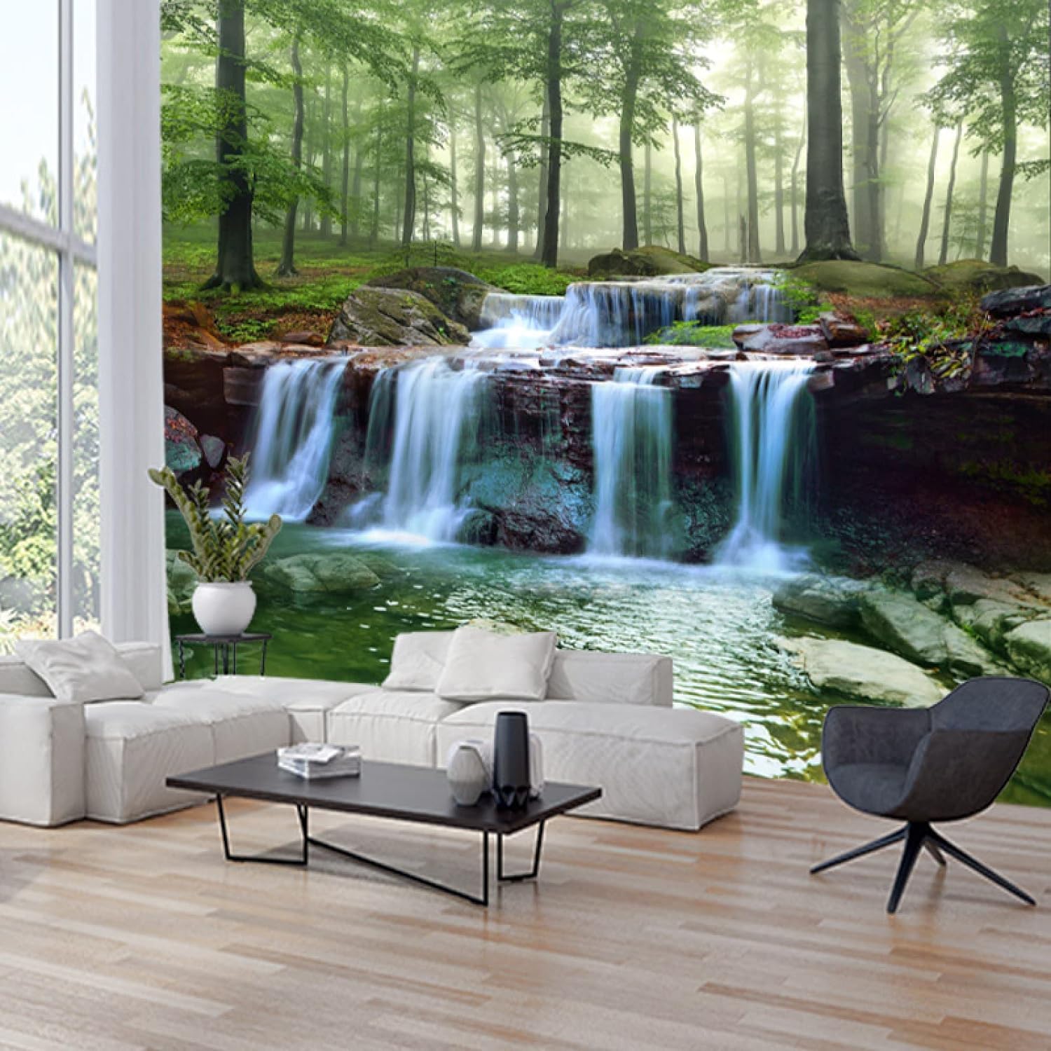 Papier peint mural photo 3D forêt paysage rivière autocollant amovible salon