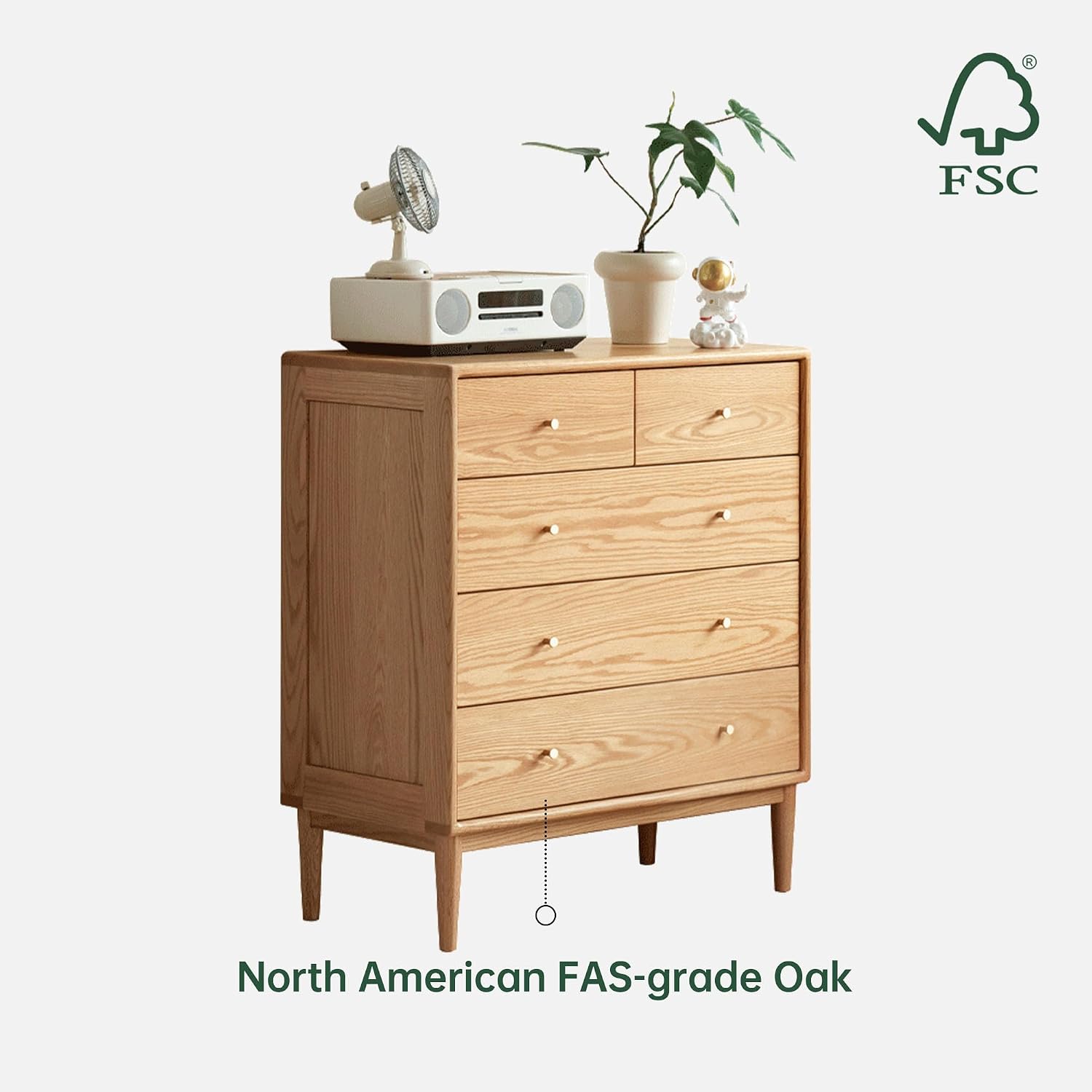 Solid Wood Nightstand, 5 Drawer Nightstand for Bedroom, Solid Wood Storage Organizer, Modern Chest of Drawers for Living Room, Hallway, Closet, Natural Oak (21" W x 16" D x 31" H)