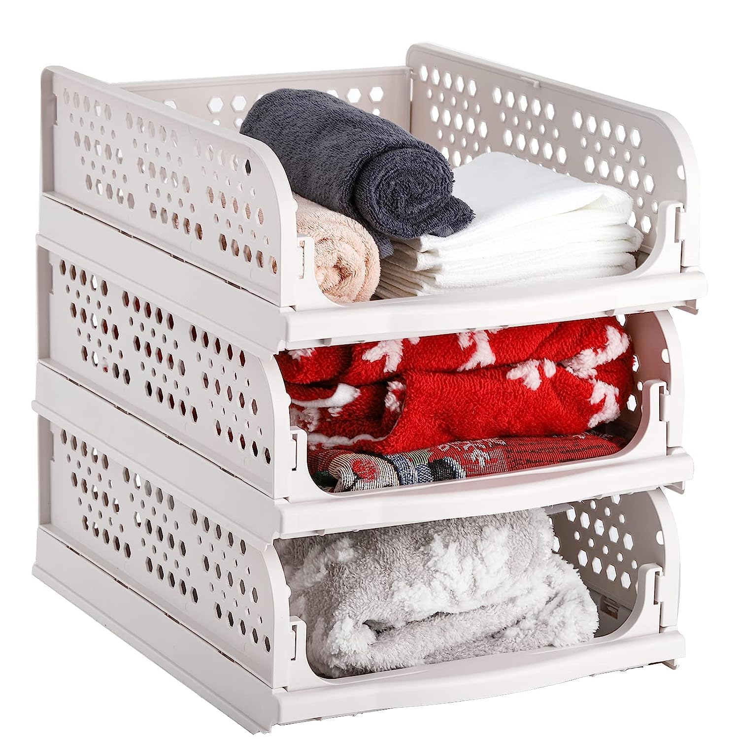 Devika Fashion 3 Pack Stackable Closet Organizers, Collapsible Plastic Storage Basket Large Capacity Wardrobe Drawer Shelf Storage Container Foldable Storage Bin for Kitchen, Office, Bedroom, Bathroom