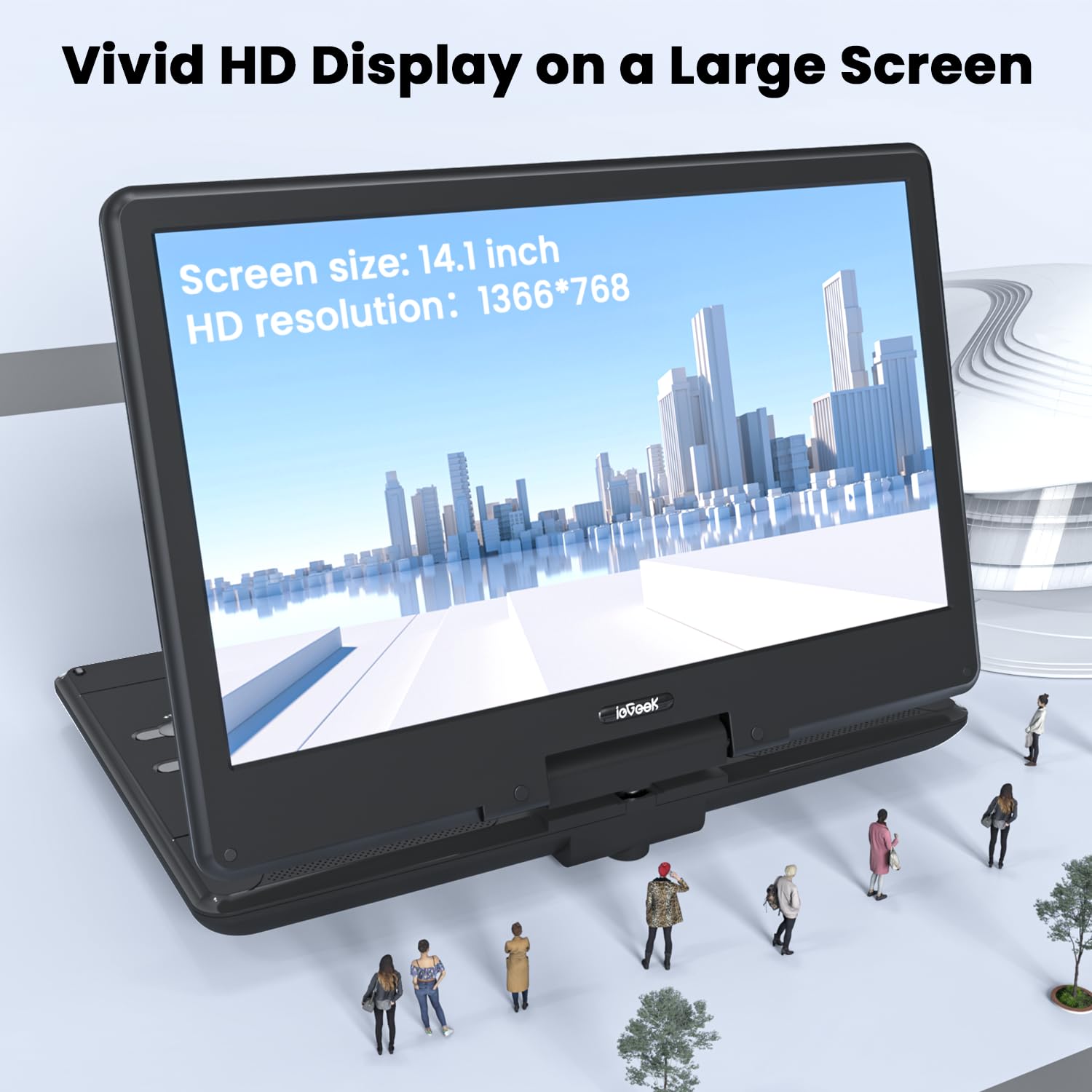 ieGeek Lecteur DVD portable de 16" avec écran pivotant de 14,1", entrée HDMI, batterie rechargeable de 6 heures, lecture USB/SD, cadeau idéal pour les personnes âgées, les enfants et les voyages, noir