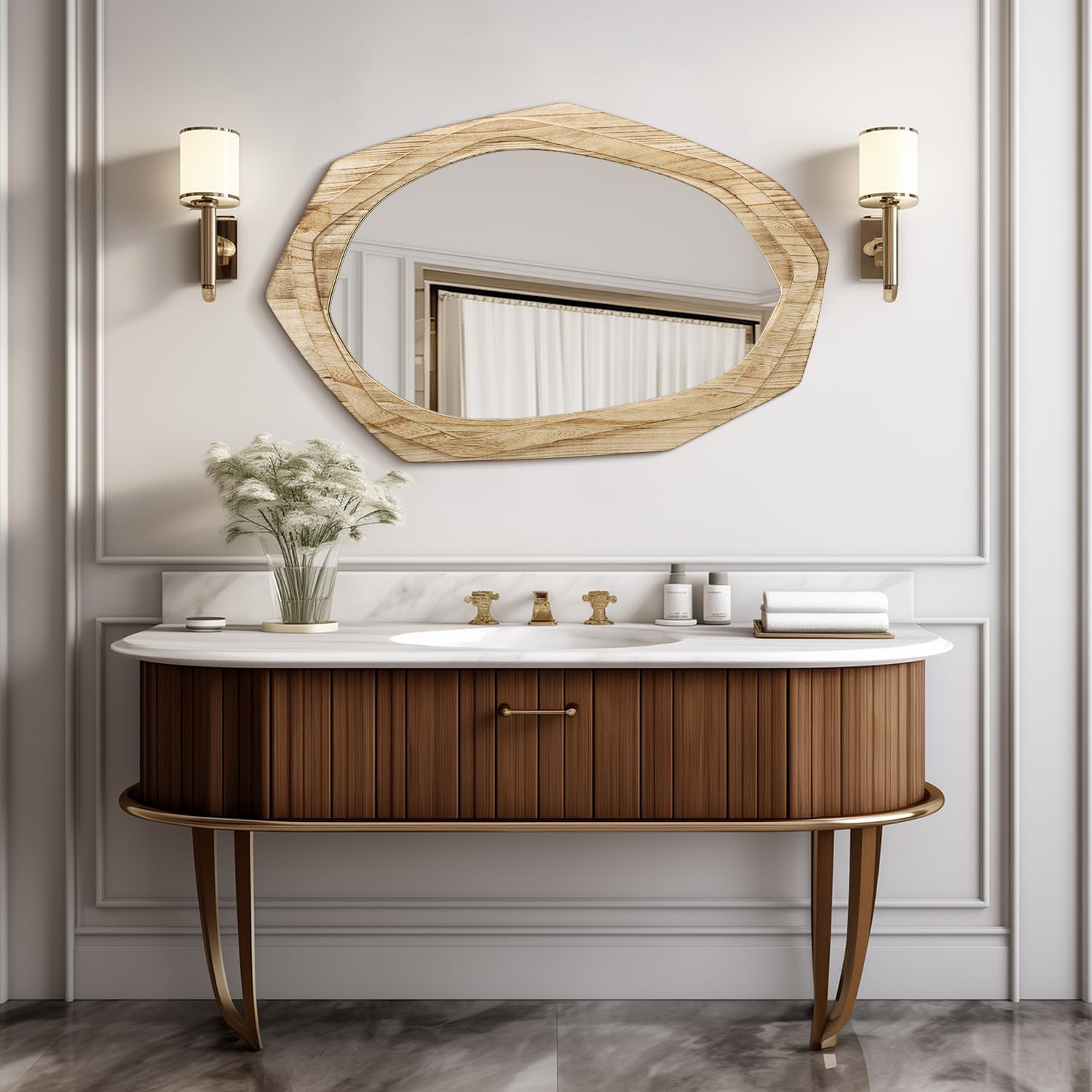 AAZZKANG Espejo de pared irregular grande con marco de madera, 70 x 45 cm, espejos colgantes asimétricos rústicos para baño, dormitorio, sala de estar, entrada