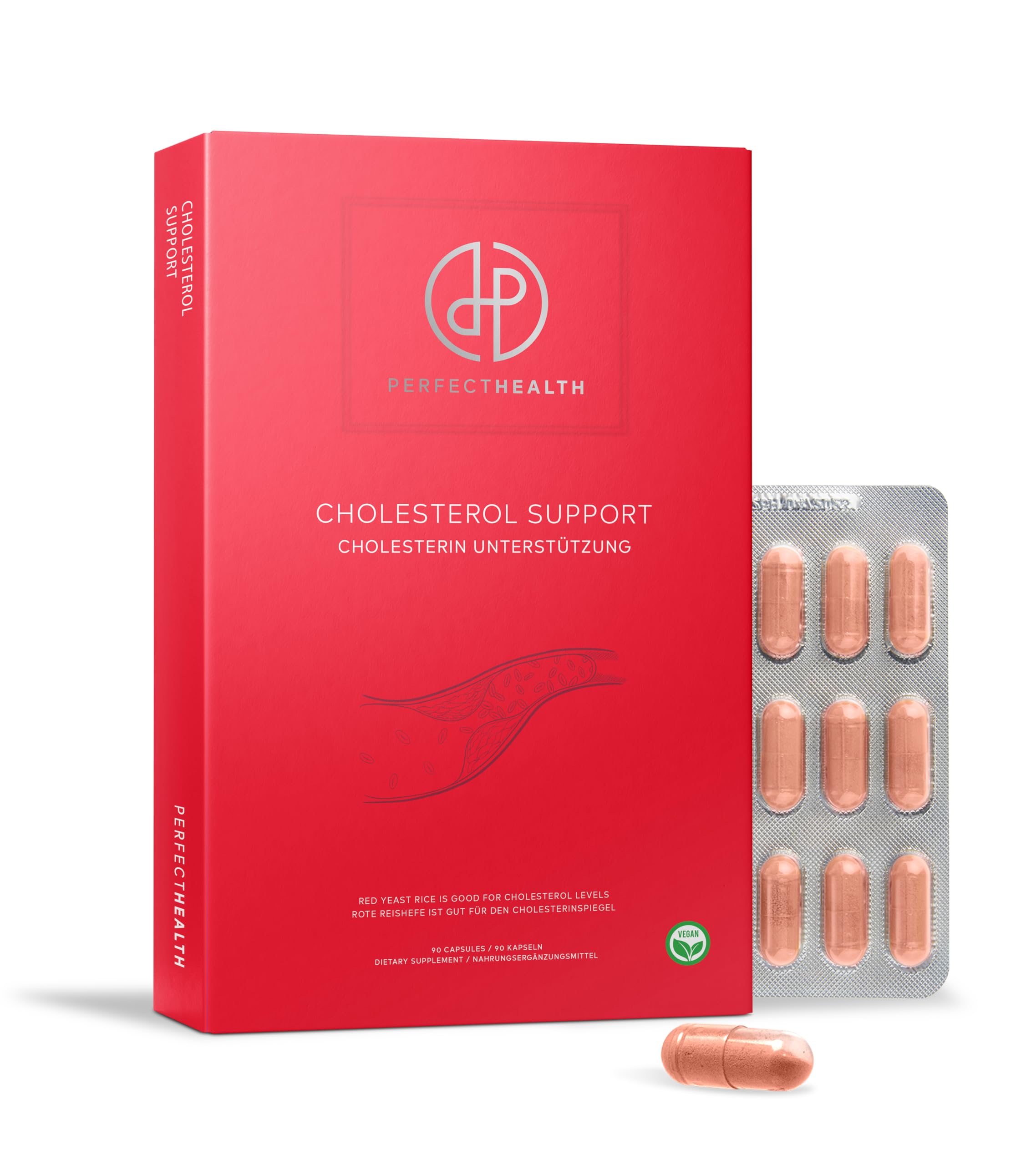 Perfect Health Vegan Rotschimmelreis Kapseln – 90 Stück Rote Hefe Reiskapseln - Cholesterinunterstützung – Co-Enzym Q10 & Knoblauchextrakt – Vitamin B1 für Herzgesundheit