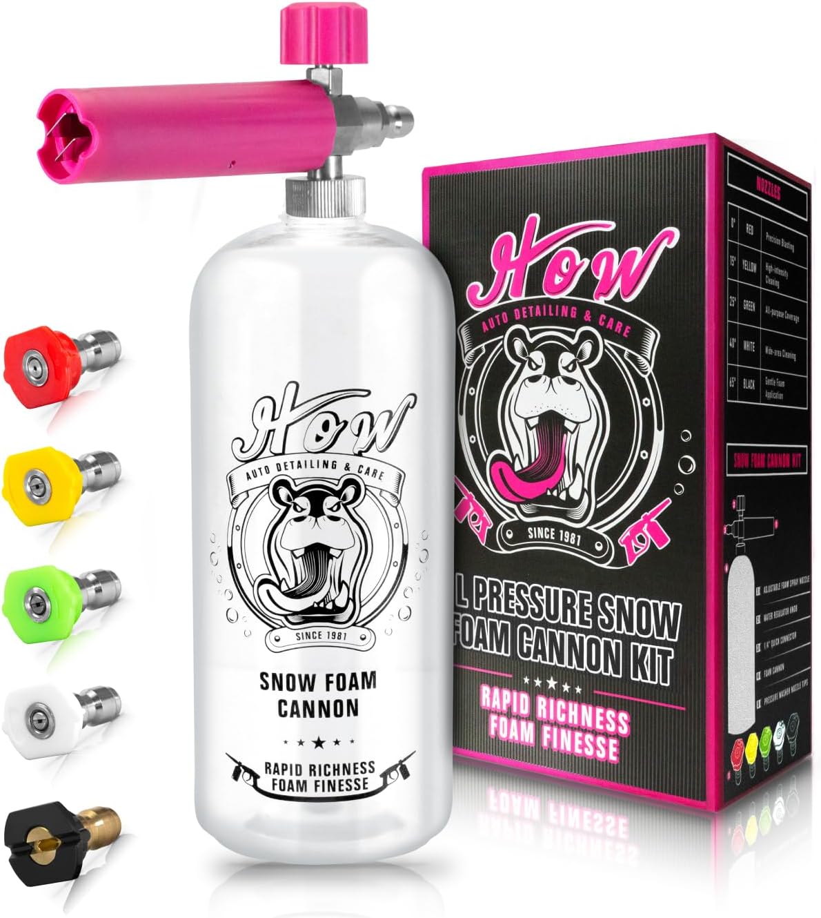 H.O.W Detailing 1L Snow Foam Cannon, Car Foam Sprayer for Pressure Washer with 5 Nozzle Tips, 1/4'' Quick Connector & Adjustable Spray Nozzle