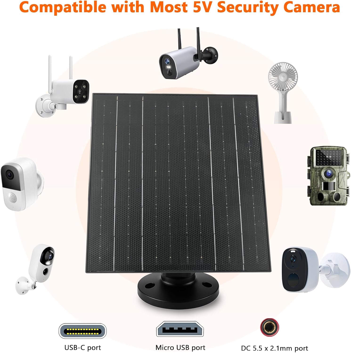 Zivif Solar Panel for Outdoor Camera, 10W Solar Charger with USB-C/Micro USB/DC 5.5x2.1mm Ports, IP66 Waterproof, 360° Adjustable Mount & 7.2ft Cable (2 Pack)