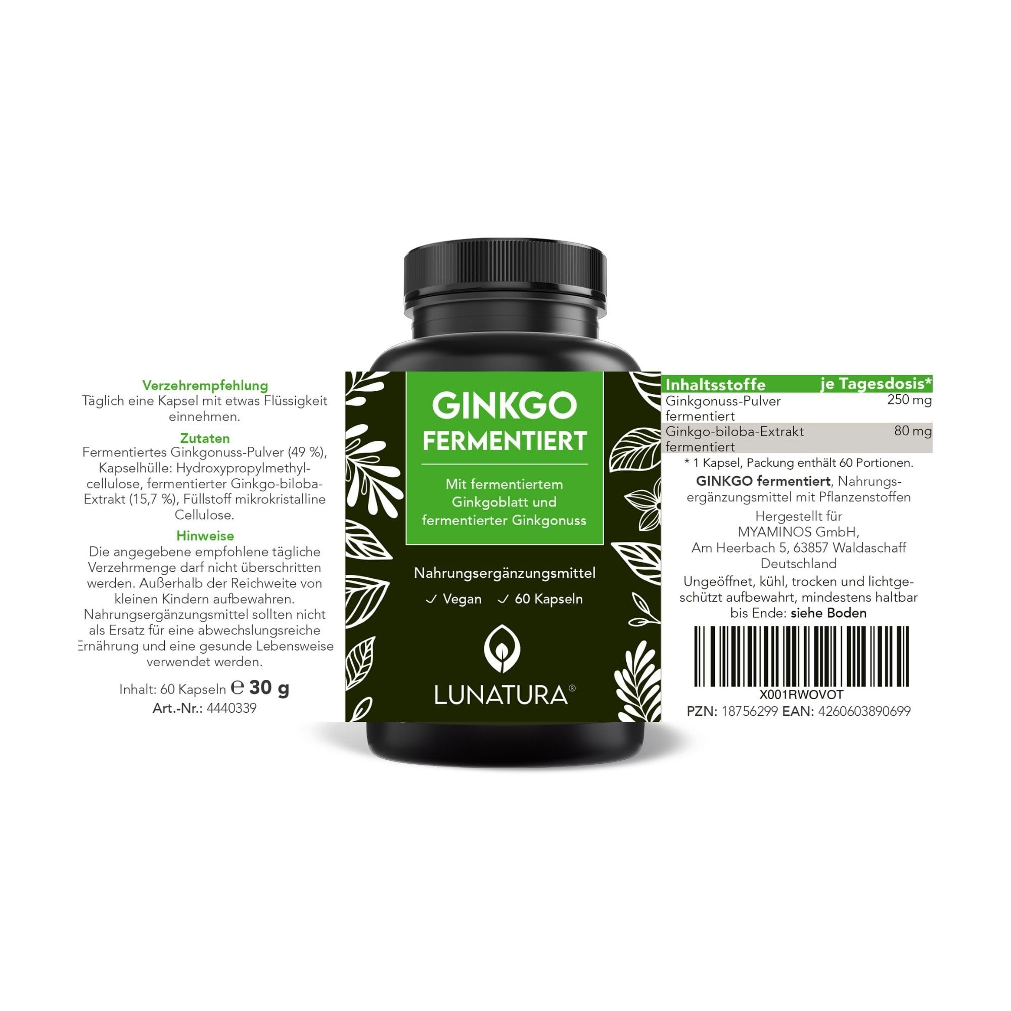 Fermentierte Ginkgo Kapseln - Ginkgonuss & Ginkgo Biloba Extrakt - 60 Kapseln vegan und glutenfrei - Zwei-Monats-Ration