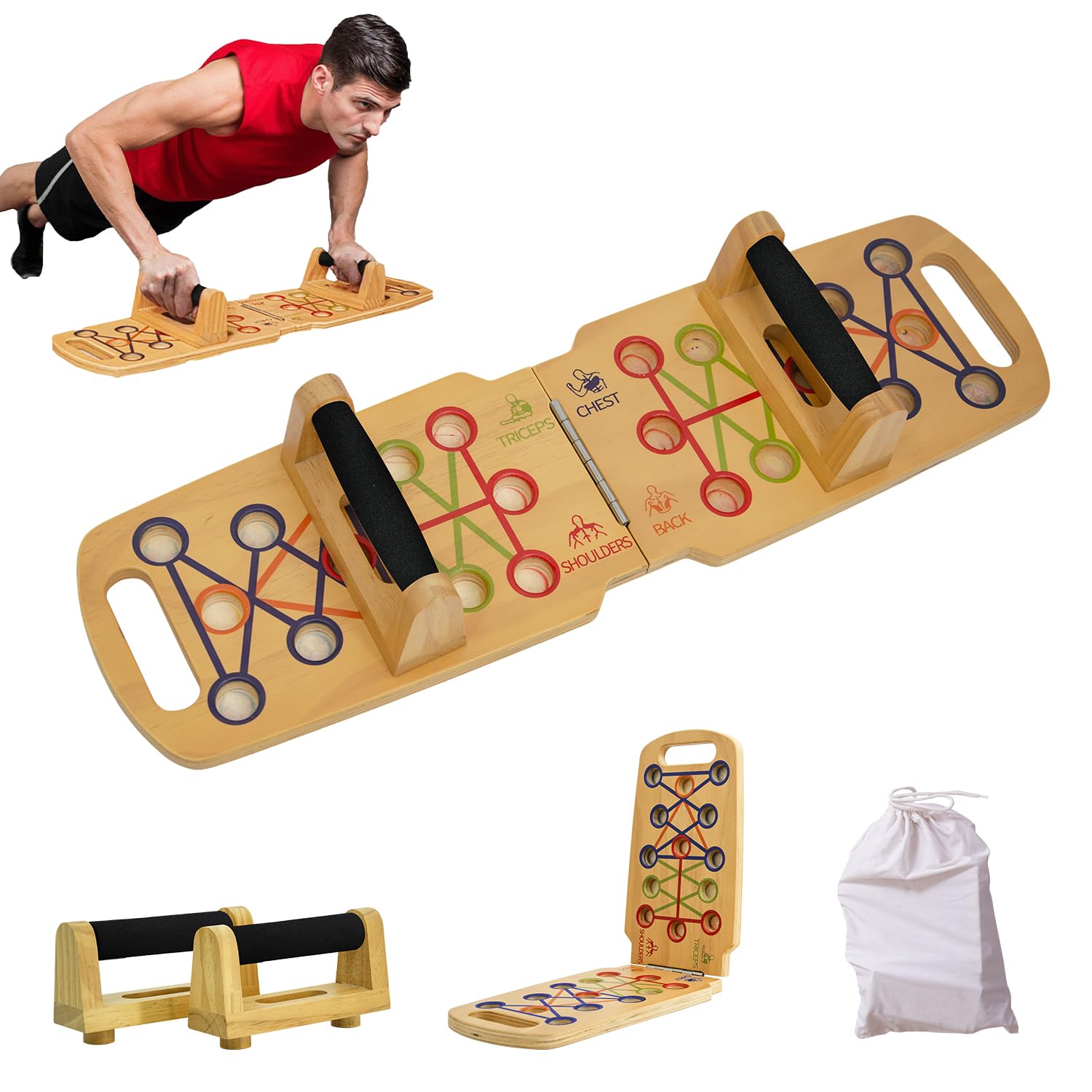 Figfey Wooden Push Up Frame, Portable & Foldable Strength Training Equipment, Chest, Back, Abdominal & Arm Muscle Workout, Brown, Solid Wood, 700 Pounds Capacity — image 1