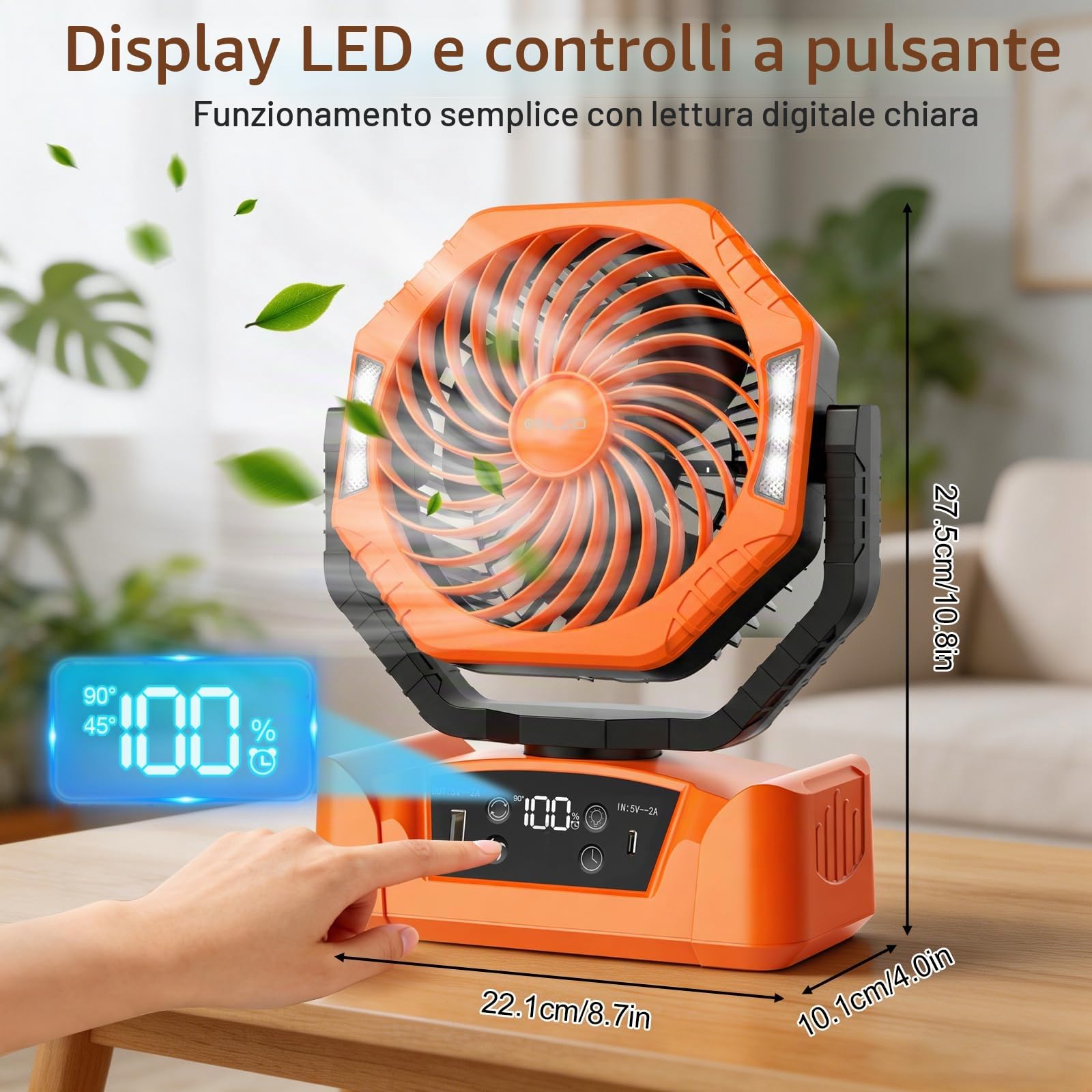 ELZO 20000mAh Ventilatore da campeggio con luce LED, Ricaricabile per Scrivania Tenda, USB Telecomando E gancio, 5 Velocità con Modalità sonno per Casa Ufficio Viaggi Pesca (Arancione)