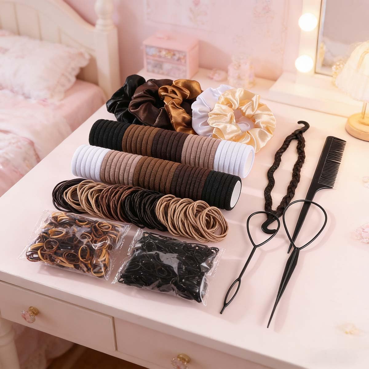 1109 Pcs Brown Mixed Hair Accessories Set,Hair Ties Scrunchies and Styling Tools Kit for Daily Hair Styling and Hair Care