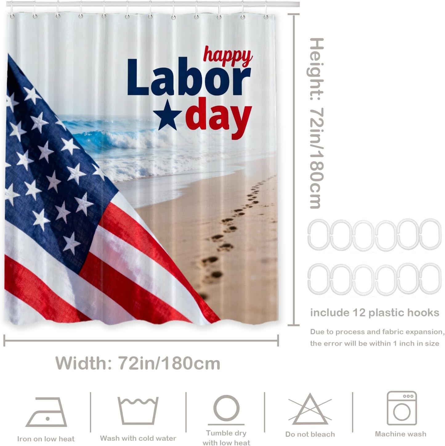 Batmerry Happy Labor Day Decor Shower Curtain,White Stars Red Patriotic USA Flag Bathroom Decor Polyester Fiber Plastic Rings Quick-Drying Waterproof for Bathtubs/Bathroom, 72x72 inches