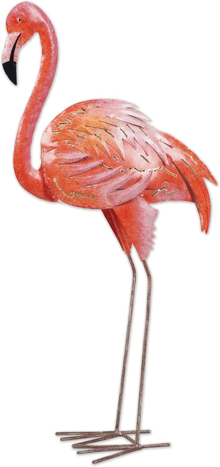 Sunset Vista Designs Outdoor Yard Decor - 3 Dimensional Metal Flamingo Garden Sculpture, 38" Tall, Looking Back