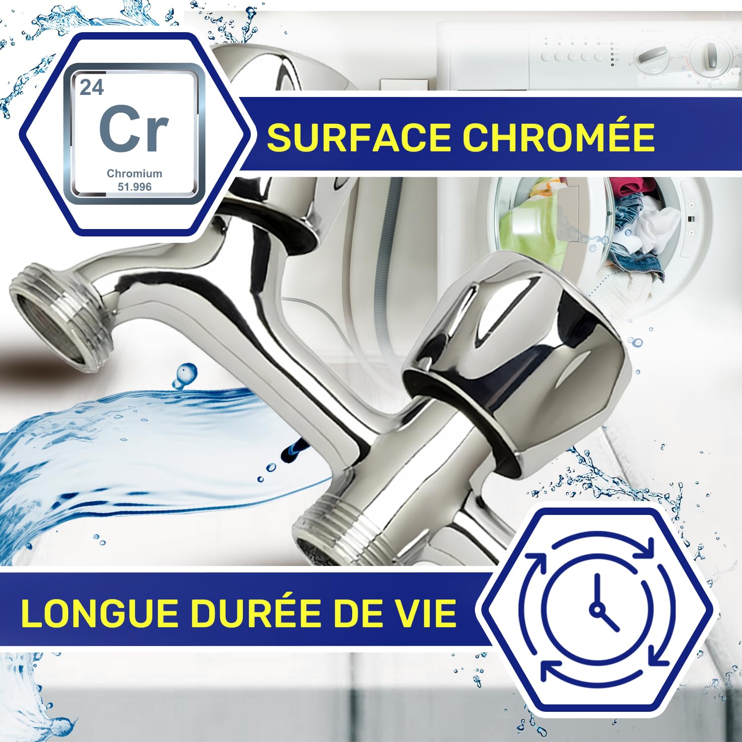 Robinet Machine à Laver et Lave Vaisselle 1/2" x 3/4" x 3/4" en Laiton Chromé - Garantie de 10 Ans - MONTERAL