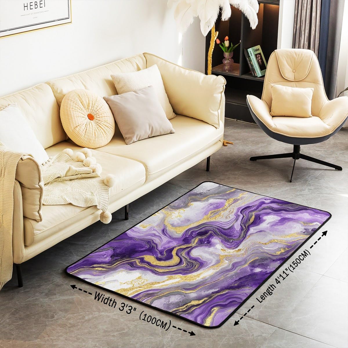 Marble Vein 5x7 Large Area Rug, Purple Gradient Tie Dye Living Room Rug, Minimalist Ink Fluid Art Rugs for Bedroom Abstract Marble Texture Design Indoor Floor Mat, Glitter Effect Is Printed