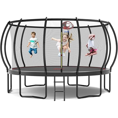 Tatub Large Trampolines Outdoor 10 12 14 15 16FT for Kids and Adults,Outdoor Recreational Pumpkin Trampolines with Curved Poles and Safety Enclosure Net, Basketball Hoop, Ladder