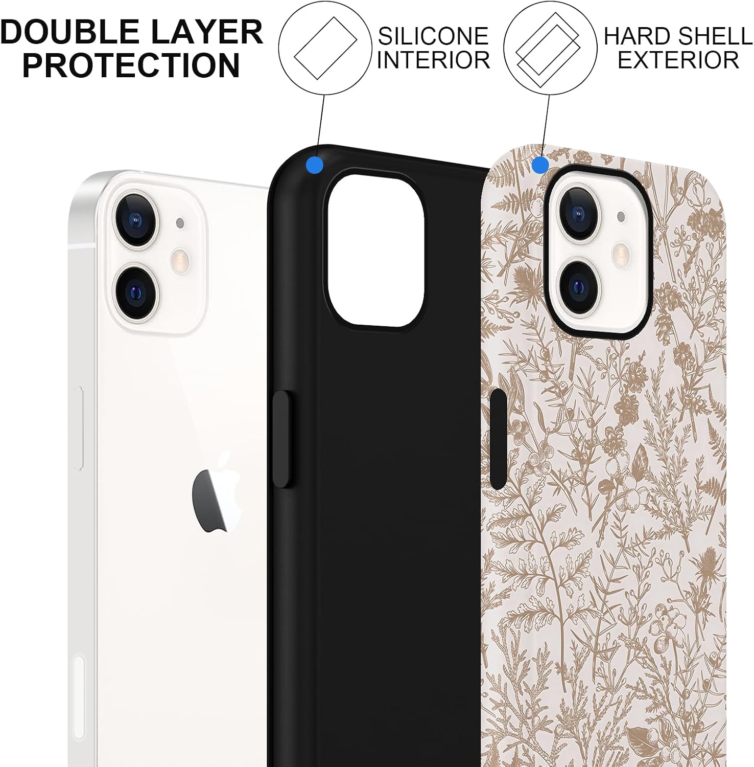 Cute Retro Brown Flower Phone Case for iPhone 12 / iPhone 12 Pro Case 6.1", Aesthetic Vintage Floral Pattern Design Grey Matte Cover Shockproof Soft TPU Hard PC Protection Girls Women Funda image 3