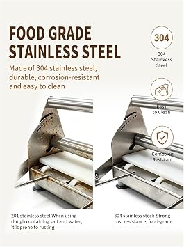 304 Stainless Steel Fondant Dough Sheeter with 23.62 x 11.81 Sheeter Board, fondant non-stick roller, Manual Dough Roller with 1-20mm Adjustable Thickness