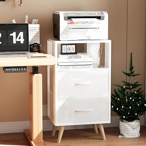 Miniatura 5 de Mesita de noche blanca para niños con cajones de tela, mesa auxiliar de guardería con almacenamiento abierto, mesa auxiliar moderna de 3 niveles,