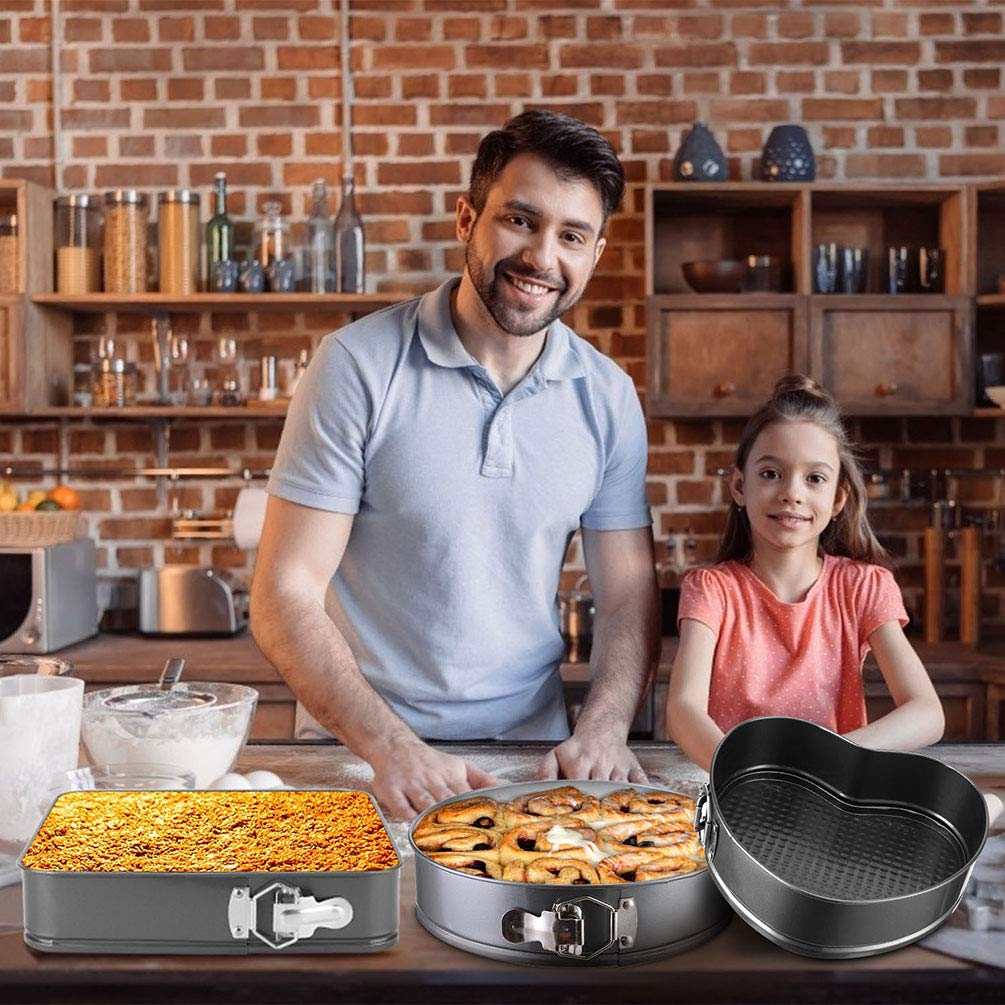 Springform-Set, 3-teilig, antihaftbeschichtet, Käsekuchenform, mit abnehmbarem Boden, auslaufsicher, runde Kuchenform, für Bäcker und Backliebhaber, herzförmige und runde und quadratische Form