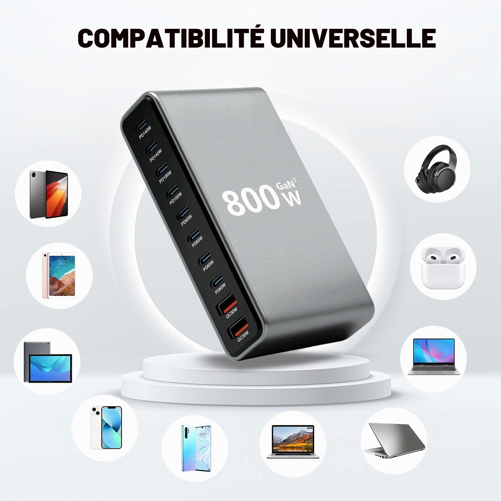 800W Station de Charge - Chargeur Rapide à 10 Ports avec 8 Ports USB C + 2 Ports USB A, Caricatore USB Multiplo Compatible avec MacBook, iPad, iPhone séries 16/15/14, Galaxy S22/ S20, Dell, HP