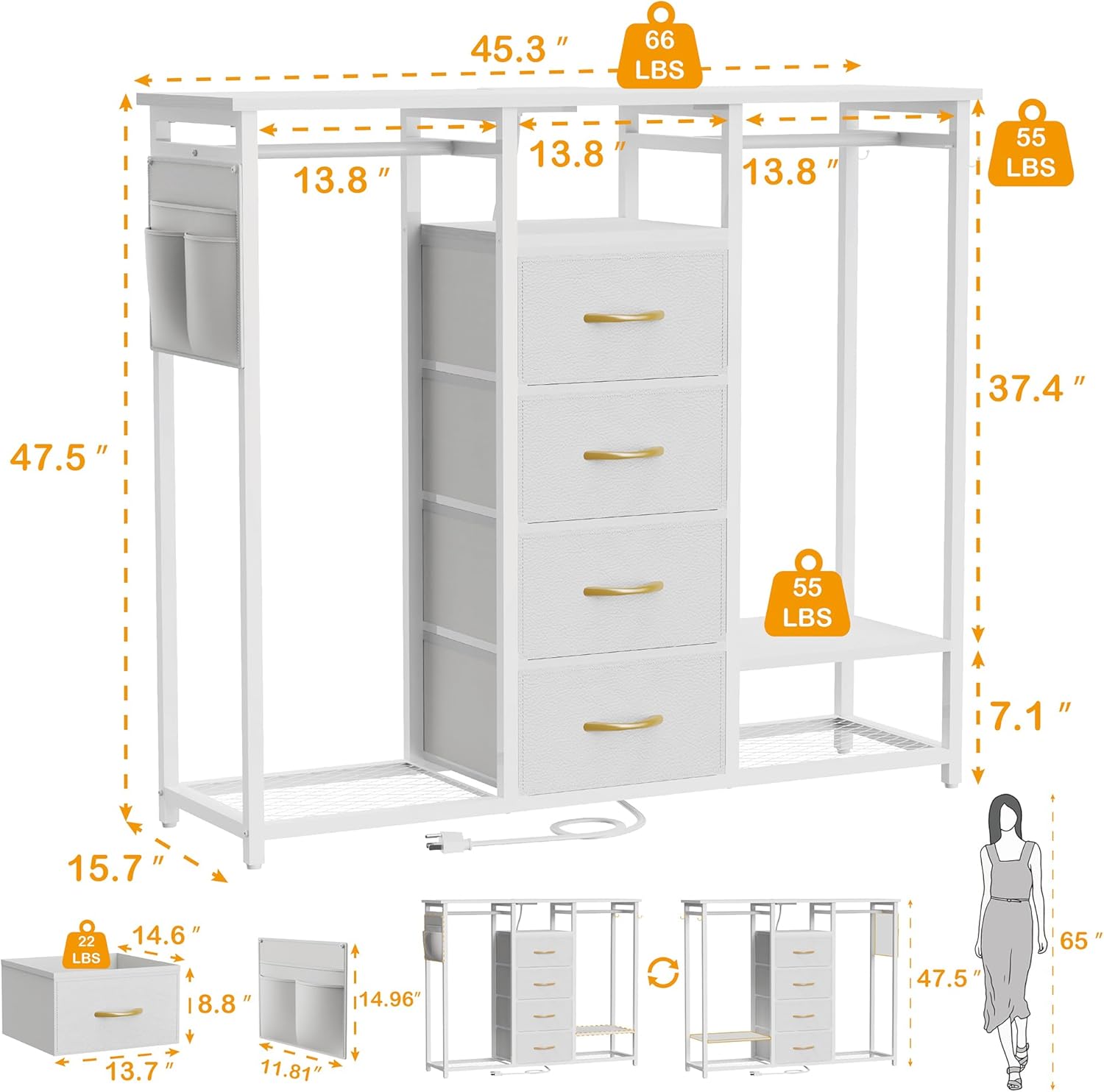 Dresser with Hanging Clothes Rack, 4 Drawers Dresser for Bedroom with LED Lights and Charging Station, Fabric Storage Chest of Drawers for Closet with Clothes Rack Bedroom Kid’s Room, Metal, White