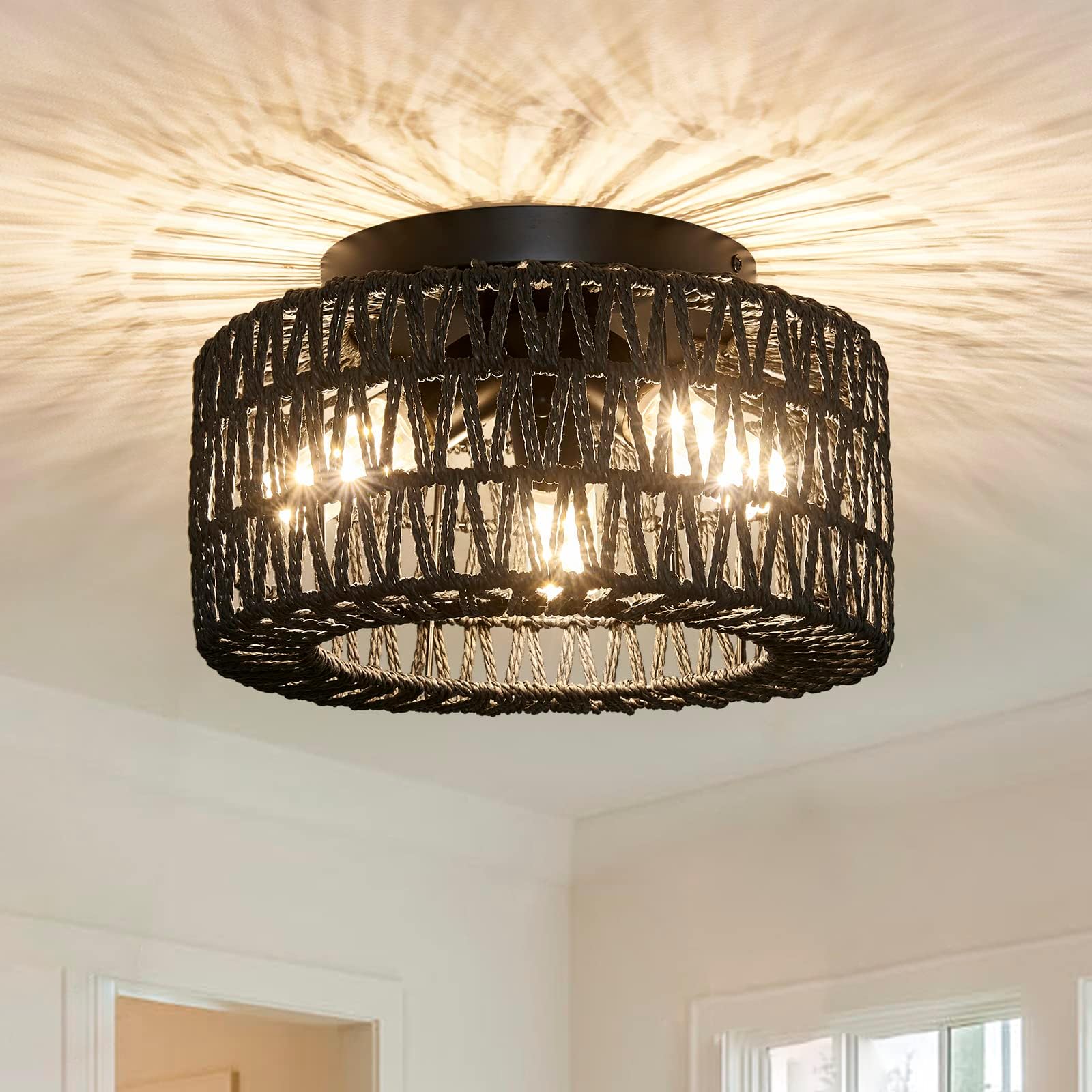Rattan Semi Flush Mount Ceiling Light Fixture,Boho Hand Woven Wicker