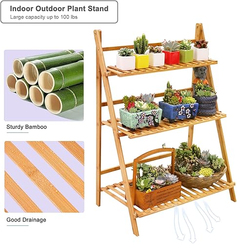 Miniatura 4 de Ufine - Escalera de madera de bambú para plantas, 3 capas, plegable, para uso en interiores y exteriores, para el hogar, patio, césped, jardín,