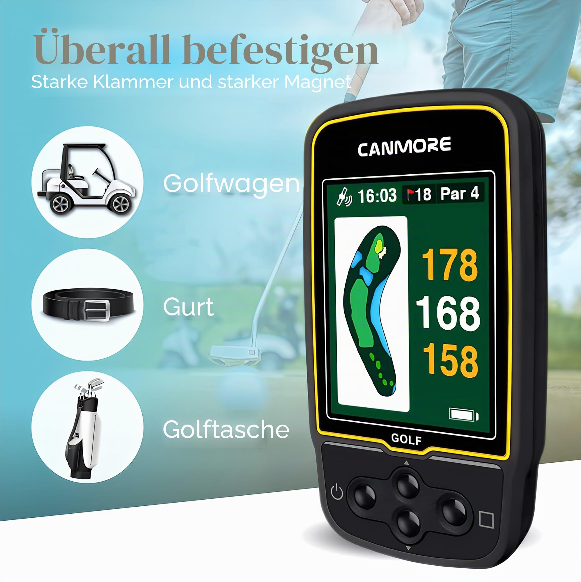 CANMORE HG500 Golf GPS – Extra großes, gut ablesbares Farbdisplay, vorinstallierte 41.000 Golfplätze weltweite Form des Grüns und des Fairways (schwarz)