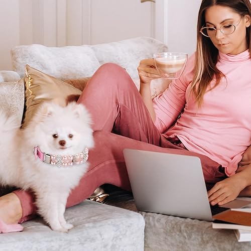 Miniatura 9 de Hicarer Juego de 2 collares de perlas para perro y collar de perlas para mascotas, collar de perlas de cuero para perro con diamantes de imitación