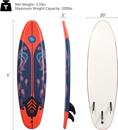 Miniatura 13 de GYMAX Tabla de surf, tabla de cuerpo de 6 pies con aletas extraíbles y correa protectora, tabla de surf antideslizante para surf, pesca, agua y yoga