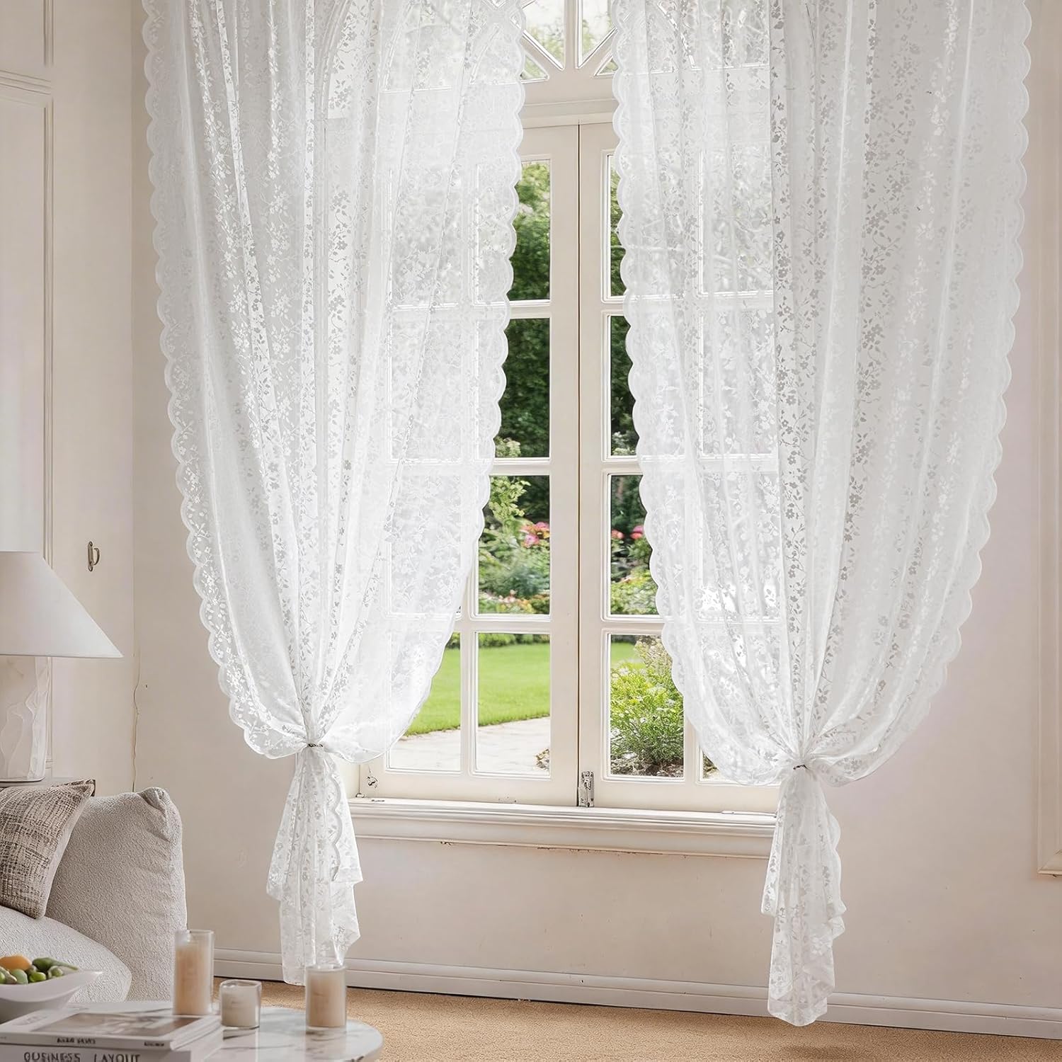 Anmao Vintage Lace Sheer Curtains 84 Inches Long - Romantic Floral Semi-Sheer Voile Panels for Living Room & Bedroom, Rod Pocket Light Filtering Drapes, Set of 2 Panels (52" W x 84" L), White