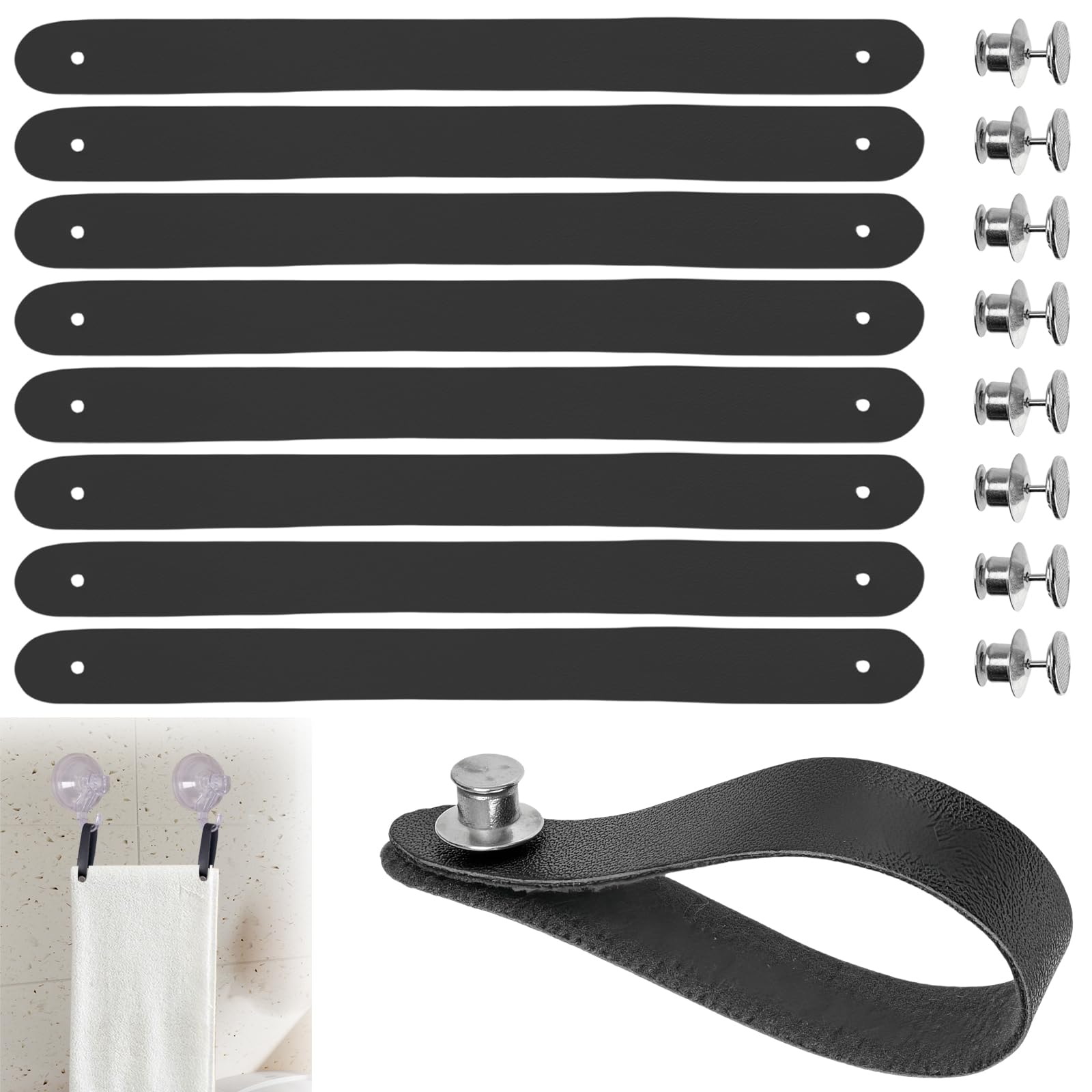 8 Pezzi Ganci per Tessuti Senza Cuciture Appendi Strofinacci Cucina 15 * 1.2cm Pelle PU con Chiusura a Bottone Ganci per Asciugamani per Asciugamani,Bagno,Stracci,Decorazione,Campeggio(Nero)