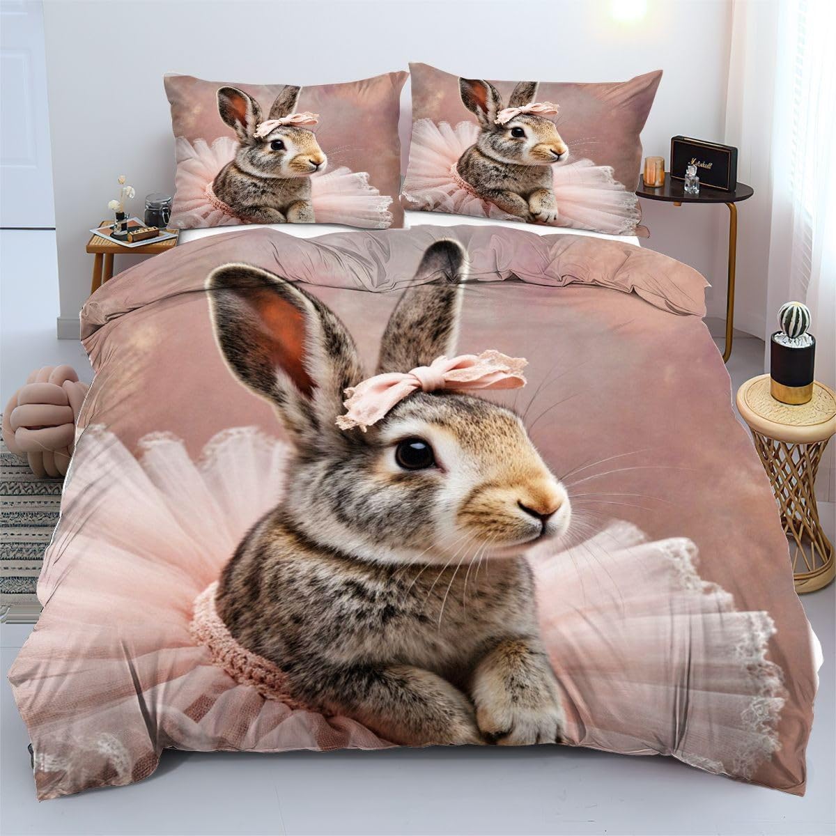 Ensemble de literie 140x200 cm lapin rose pour lit de fille et ado