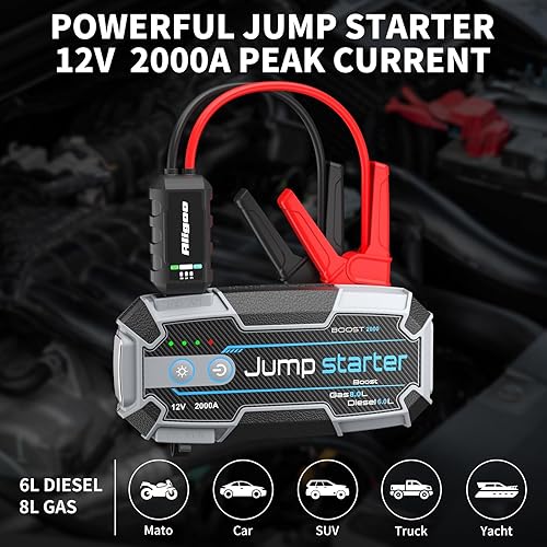 Miniatura 5 de Arrancador de 12 V 2000 A con PD de 100 W de carga rápida y batería impermeable IP67, arrancador portátil para automóvil, batería muerta, gancho