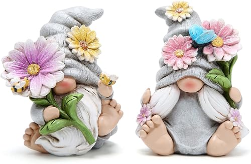 Miniatura 10 de Hodao Juego de 3 decoraciones de gnomos de primavera, adornos de gnomos de flores, adornos de decoración de verano al aire libre, figuras de
