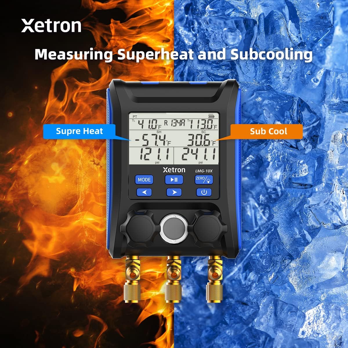 Xetron LMG-10X connected to an HVAC system, showing low side and high side control valves, refrigerant hose bracket, and metal cap.