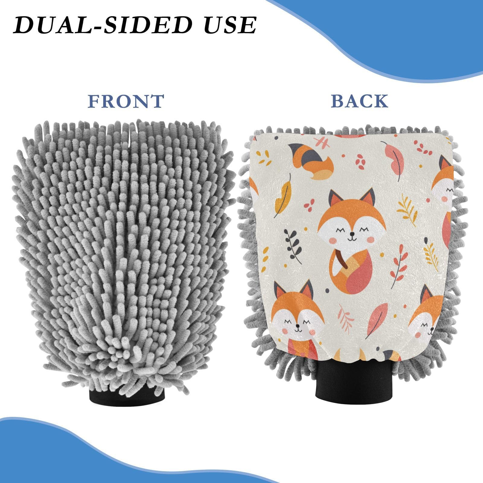 ALAZA Cute Fox Leaves Car Wash Mitt Scratch Free, 2 Pack Absorbent Microfiber/Chenille Washing & Drying Mitts, M