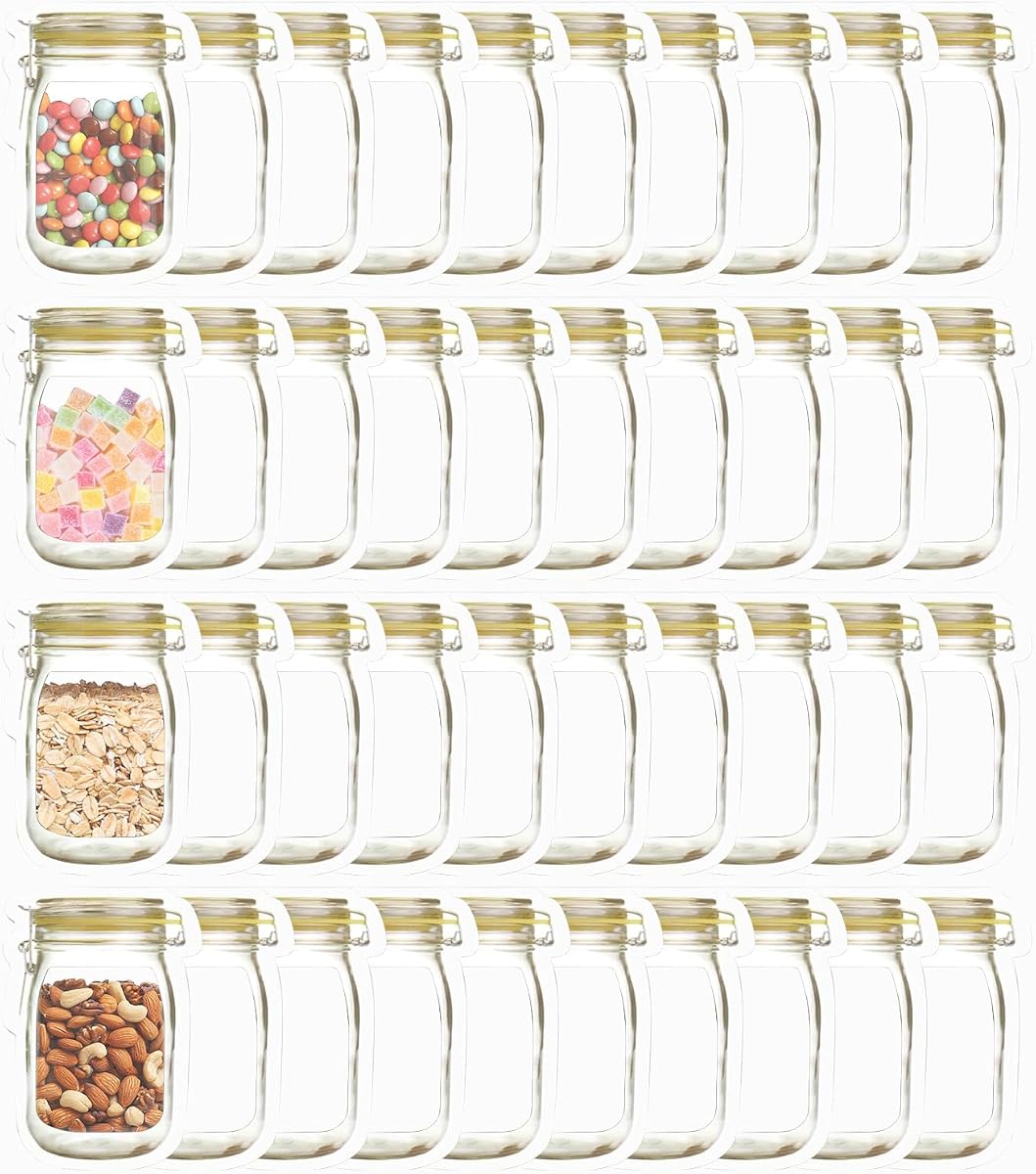 Mason Jar Bags 40 Pack — Reusable Airtight Food Storage Bags, Leak-Proof Saver Bag for Kitchen, Travel, Camping, Picnics, Snacks | Reusable