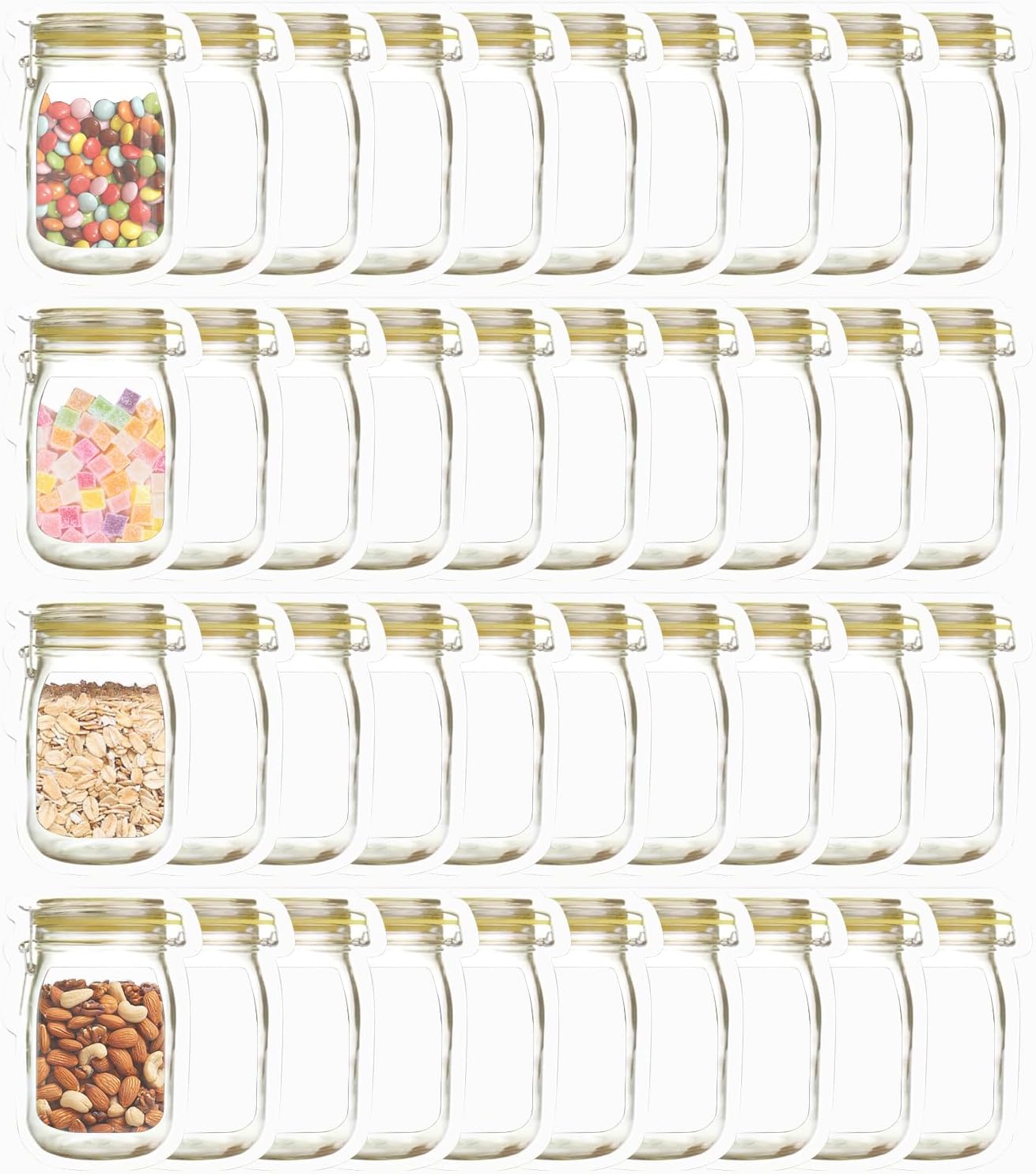 Mason Jar Bags 40 Pack — Reusable Airtight Food Storage Bags, Leak-Proof Saver Bag for Kitchen, Travel, Camping, Picnics, Snacks | Reusable