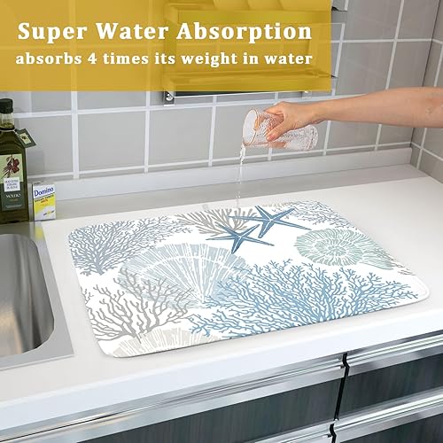Vista 503 de Daisy On Old - Tapete de secado de platos de madera para encimera de cocina, tapete de secado de madera turquesa de 18 x 24 pulgadas con tapete