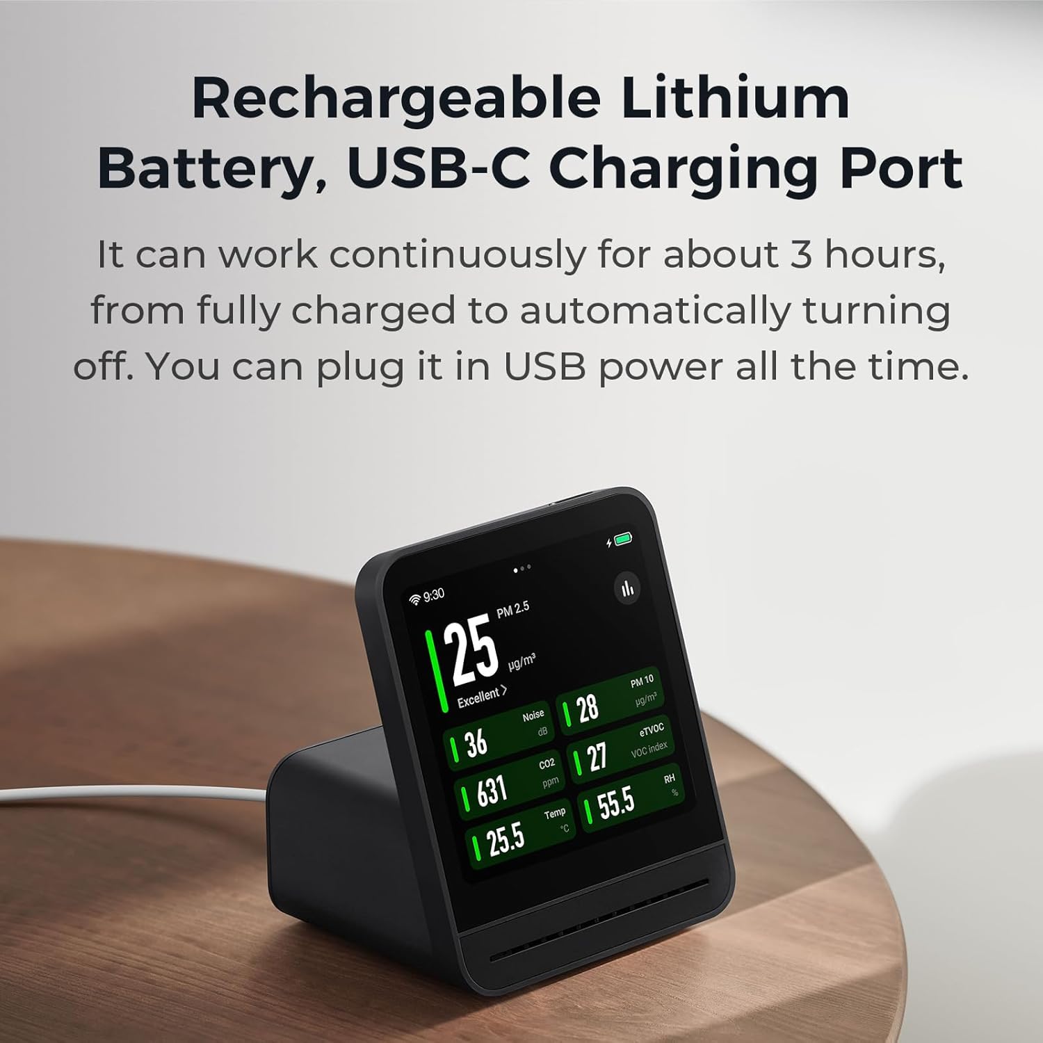 Qingping Air Quality Monitor Gen 2 connected to a USB-C charging cable, displaying air quality metrics.