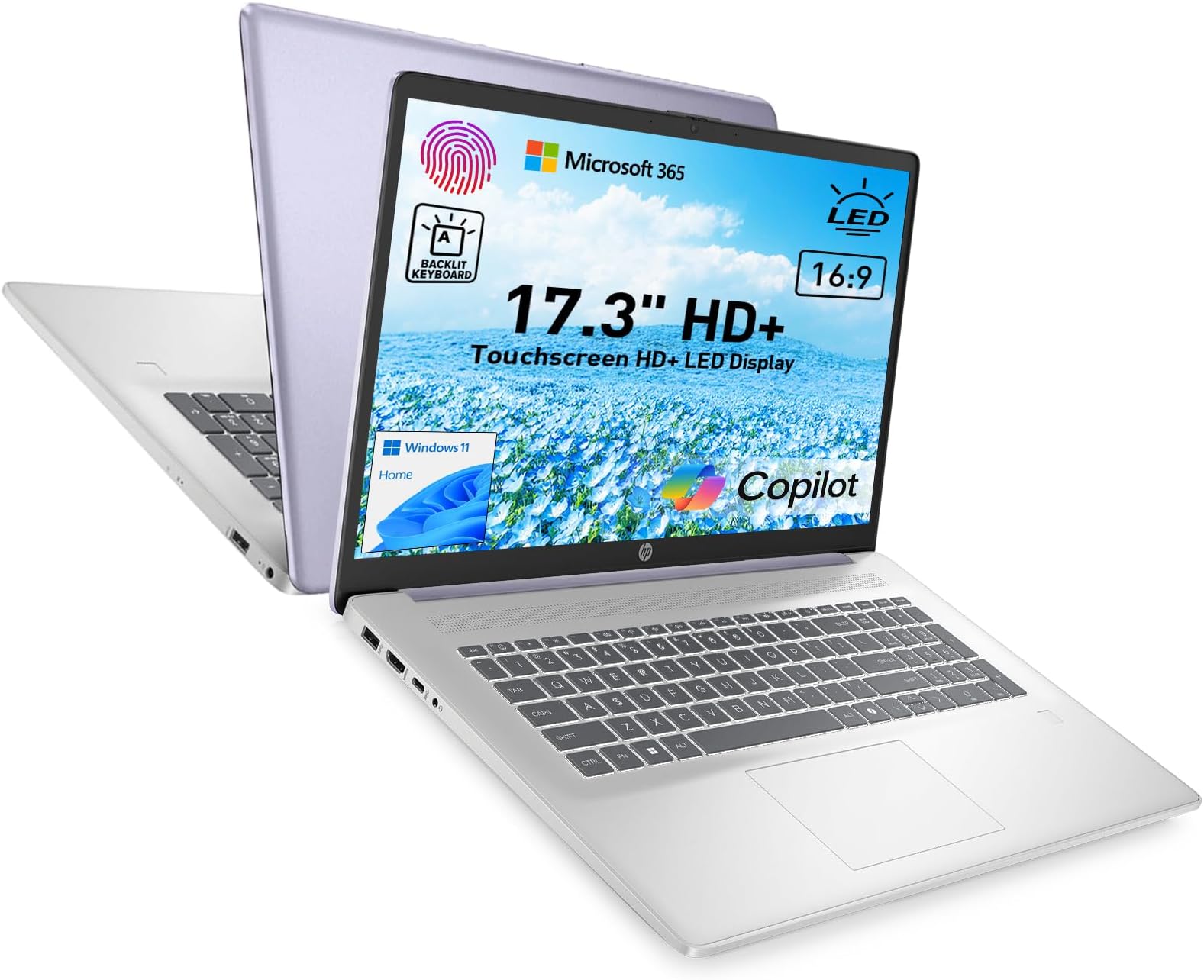 17.3" Touchscreen Laptop w/Microsoft 365, 8GB RAM, 512GB SSD+128GB UFS, Webcam w/Shutter, Fingerprint Reader, Backlit Keyboard, Microsoft Copilot Key, Intel Quad-Core CPU, Win11, Lavender
