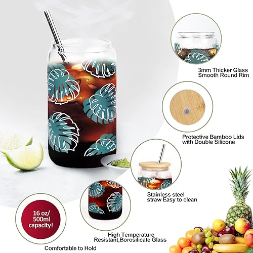 Miniatura 3 de Tazas de vidrio para café helado de flores silvestres florales con tapas y pajitas de bambú de 16 onzas, vasos de cerveza reutilizables florales con