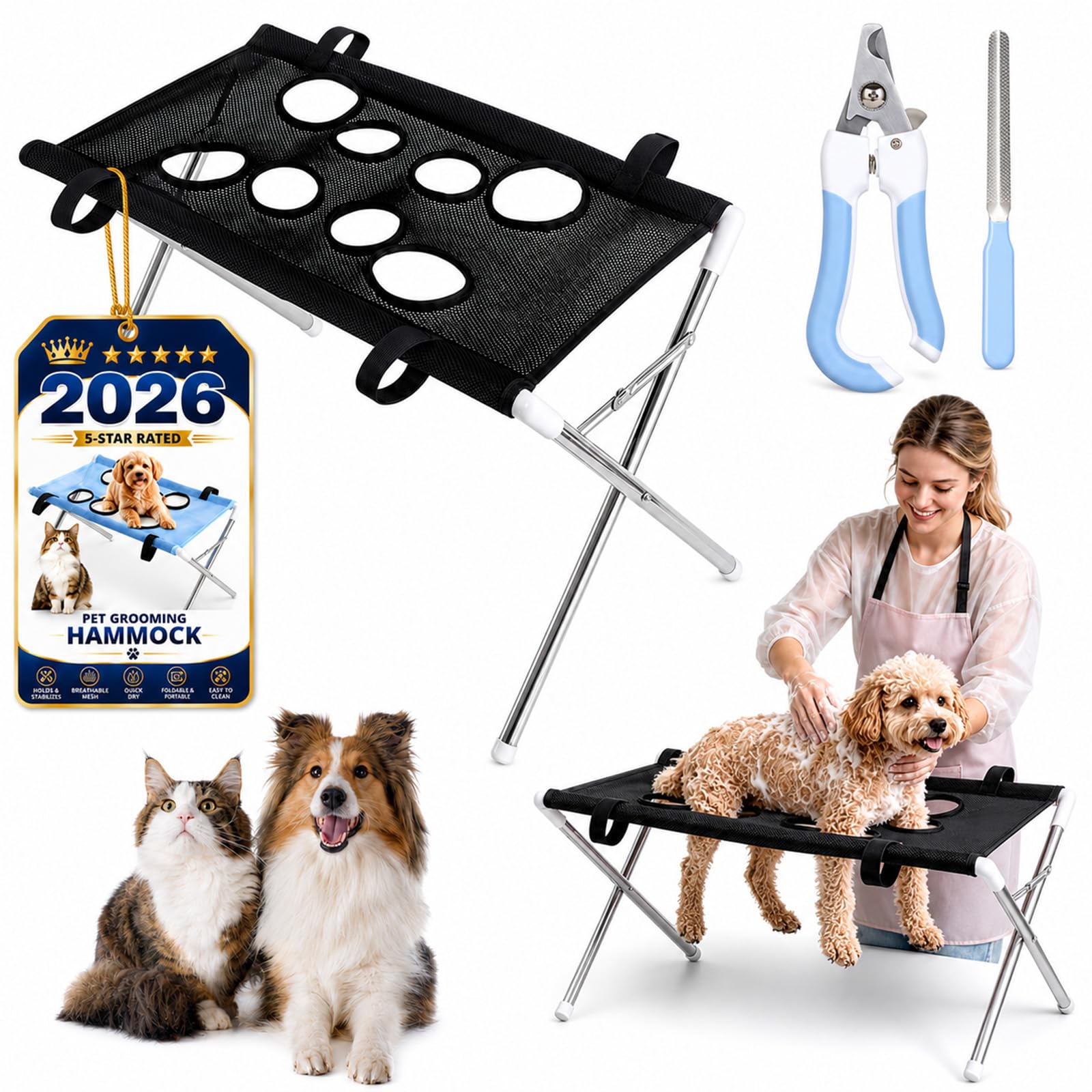 Dog Grooming Hammock with Secure Strap, Cat and Dog Shower Stand with Foldable Frame, Pet Grooming Hammock, Foldable Pet Bath Hammock for Small Dogs and Cats, Nail Care, Washing and Drying，Black