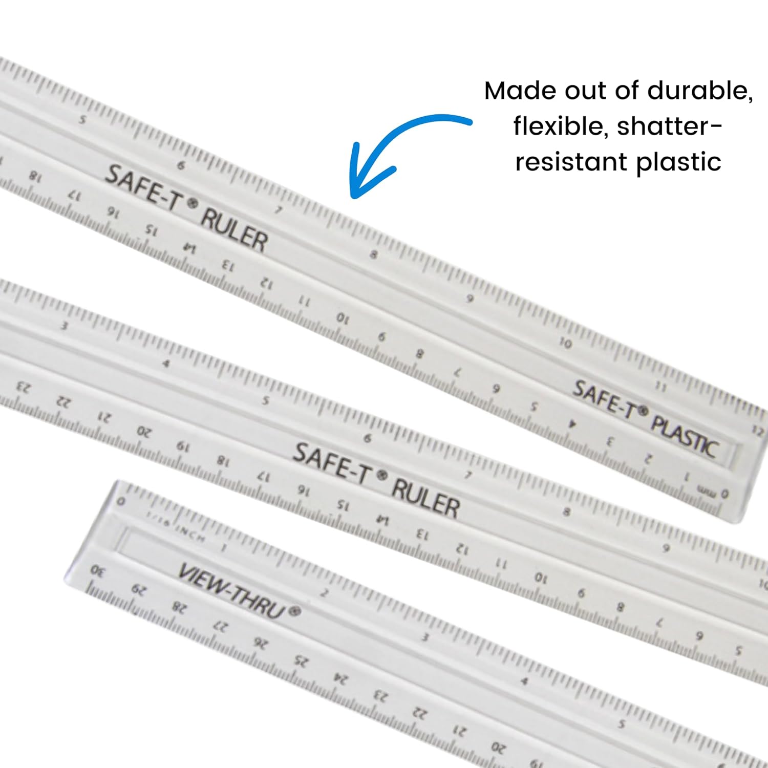 hand2mind Clear 12” Safe-T Plastic Ruler Set, Safety Ruler with Inches, Centimeters, and Millimeters, Semi-Flexible Ruler for Kids, Rulers Bulk for Classroom, School Supplies for Teachers (Set of 24)