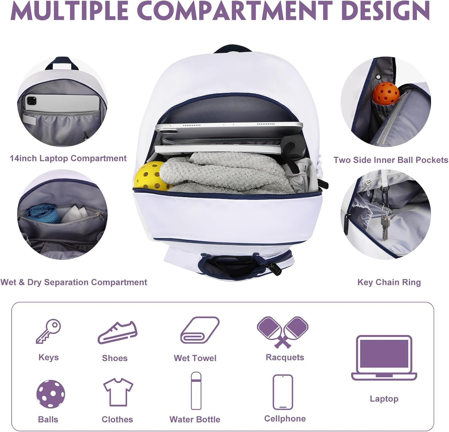 Pickleball Backpack, 30L Pickleball Bag Waterproof Large 3-Racket Tennis Sports Bag with Shoe Compartment & Insulated Pocket, Paddle Holder, Premium Sturdy Durable Bag for Men & Women (White) - Image 4